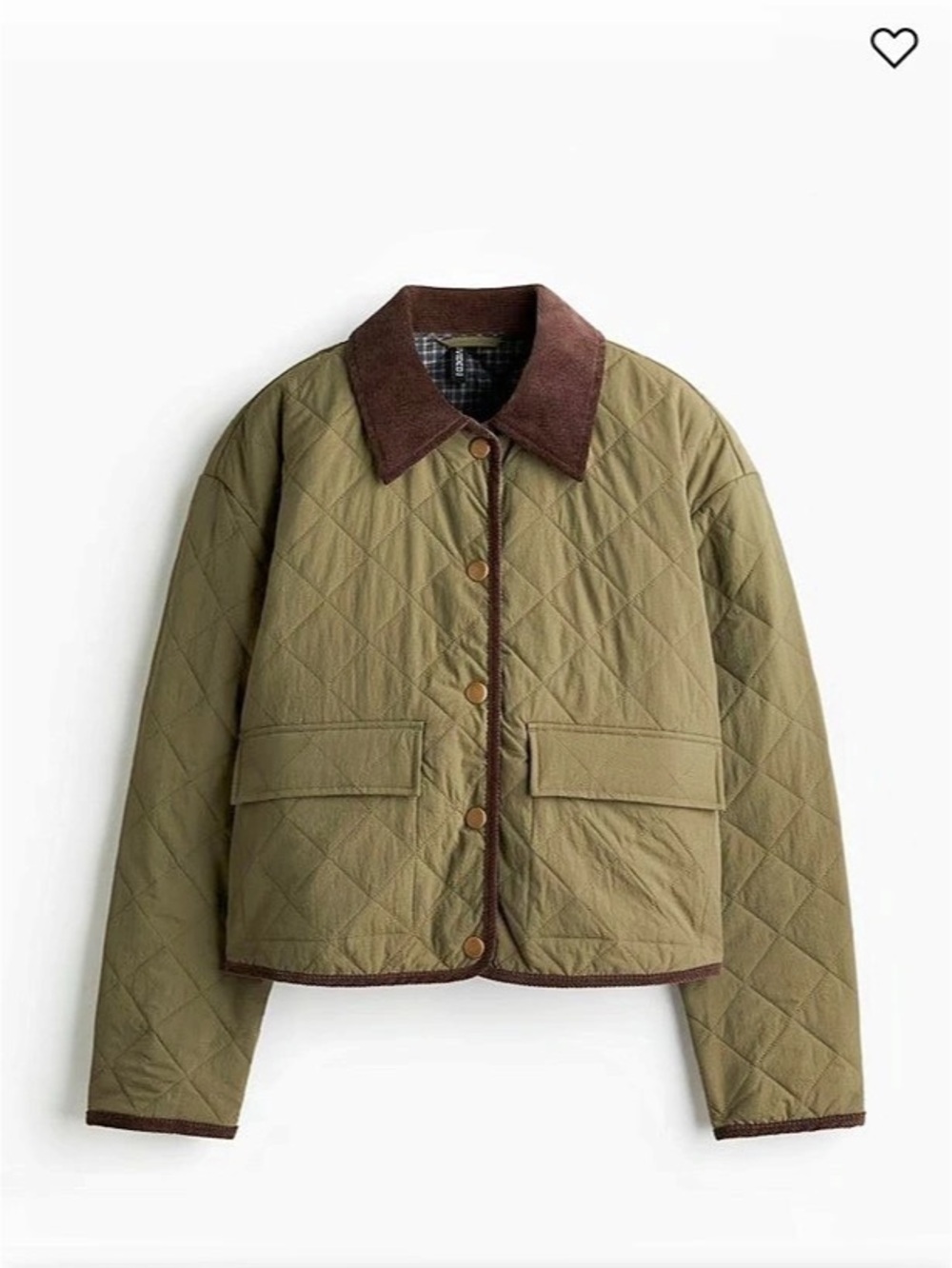 NWT H&M Quilted Barn Jacket with Corduroy Collar Khakhi Green & Brown Size M